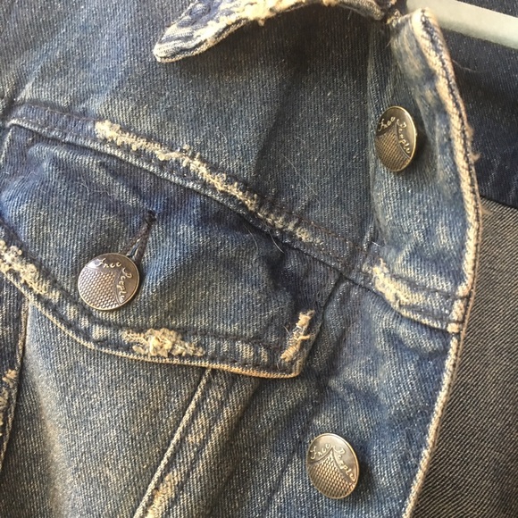 Free People Jean Jacket Distressed Blue Denim & Knit Jean Jacket w Hood Small - Picture 4 of 8